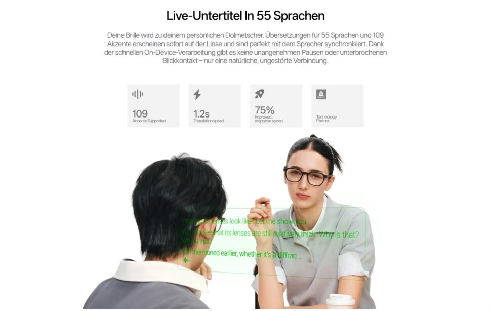 rayneo io hersteller untertitel RayNeo iO zeigt im Gespräch Live-Untertitel in grüner Schrift, laut Hersteller in 55 Sprachen