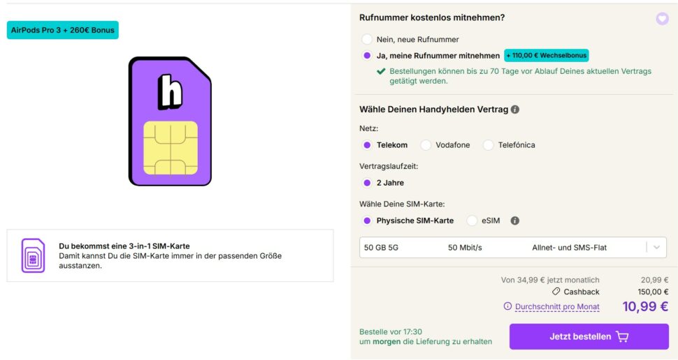Handyhelden AirPods Pro 3 freenet 50GB Kostenuebersicht Handyhelden AirPods Pro 3 freenet 50GB Kostenuebersicht