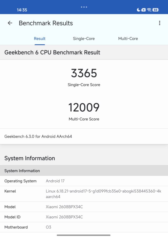 Xiaomi 18 Fold Geekbench 6 Xiaomi 18 Fold Geekbench 6