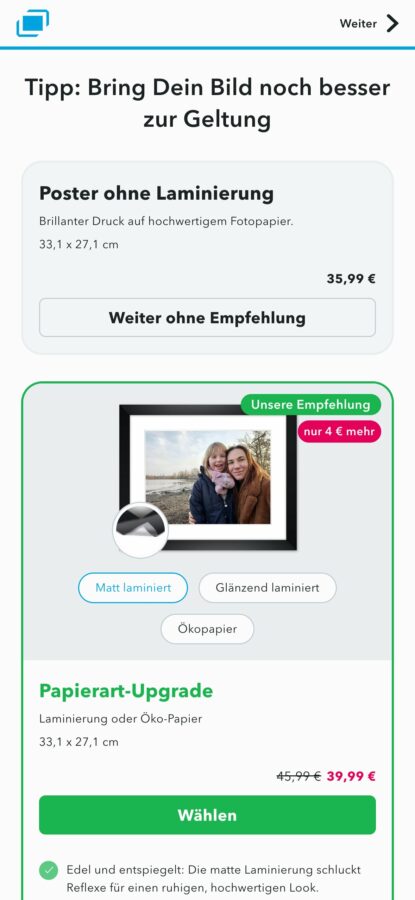 myposter konfigurator papier upgrade handy Papier-Upgrade im Myposter-Konfigurator auf dem Handy
